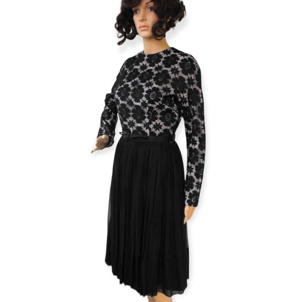 60s Black Floral Lace Dress Party Pleated S